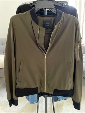 Zara Olive Green Bomber Jacket with Black Trim